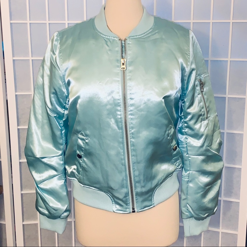 🔹BABY BLUE BOMBER JACKET, Satiny, Charlotte Russe - Picture 1 of 16